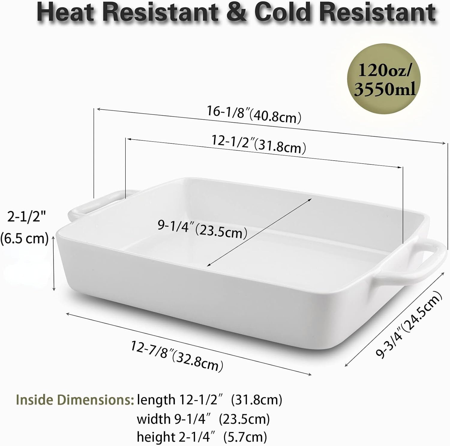 9 x 13 Ceramic Baking Dish by [Brand Name] - Large Lasagna Pan with Double Handles for Easy Cooking - White