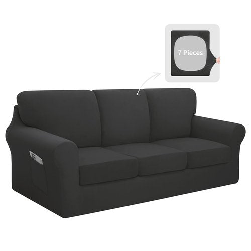 Easy-Going 7 Pieces Stretch Couch Cover Washable Sofa Cover Set for 3 Backrest and Seat Cushion Couch Anti-Slip Sofa Slipcover Furniture Protector with Elastic Bottom (Large, Dark Grey)