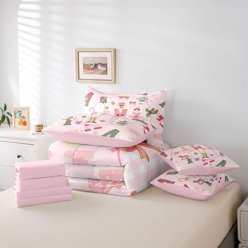 Feelyou 7-Piece Queen Comforter Set with Sheets (Pink/White/Green) - Microfiber Bedding