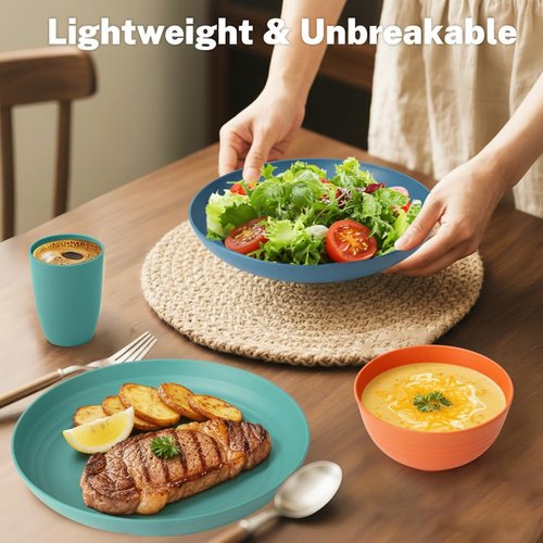 BUSOKIP Wheat Straw Dinnerware Sets for 8, Unbreakable Plates and Bowls Sets for 8, 32-Piece Dishes Set, Microwave Safe Plastic Plates Reusable, Cups and Bowls Sets for Kitchen, Outdoor - Multi