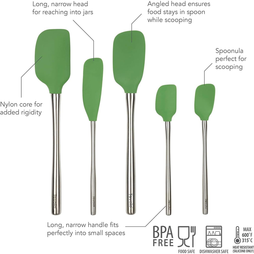 Tovolo Stainless Steel Handled Silicone Spatula Set of 5 Oyster Gray, Dishwasher Safe Kitchen Spatula Set for Cooking Baking, Non Toxic BPA Free Silicone Spatula set with Metal Steel Handle
