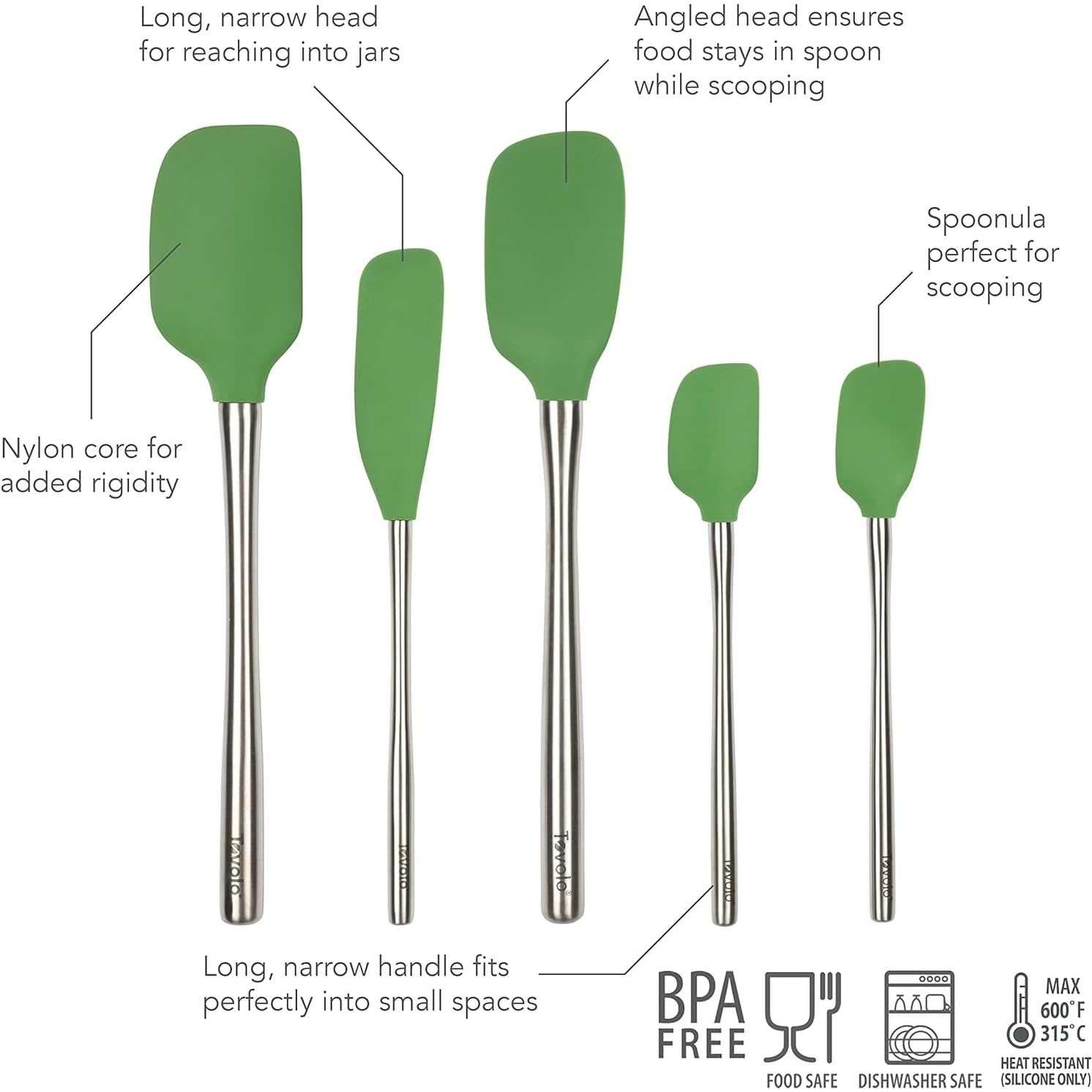Tovolo Stainless Steel Handled Silicone Spatula Set of 5 Oyster Gray, Dishwasher Safe Kitchen Spatula Set for Cooking Baking, Non Toxic BPA Free Silicone Spatula set with Metal Steel Handle