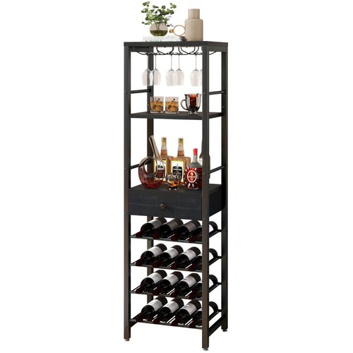 IBUYKE Wine Rack Freestanding Floor, Bar Cabinet for Liquor and Glasses,Coffee Bar Cabinet 4-Tier Wood bar Cabinet,Glass Holder and Storage Drawer for Home Bar Kitchen Living Room,Black UTMJ905B