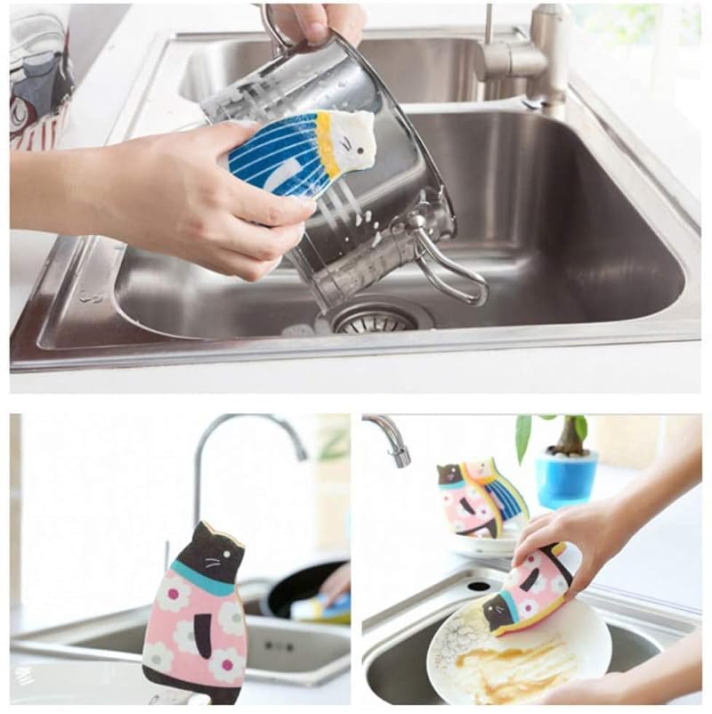 MosBug Cute Cat Dish Sponges - Non-Scratch Kitchen Scrubbers, Blue/Pink Set