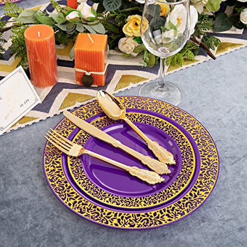 Purple Silver Plastic Dinner Plates with Gold Rim & Silverware Set – 150pcs