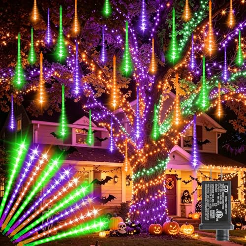 Outdoor LED Meteor Shower Icicle Lights - 12-inch Waterproof String Lights with 10 Tubes - Orange Purple Green Variation