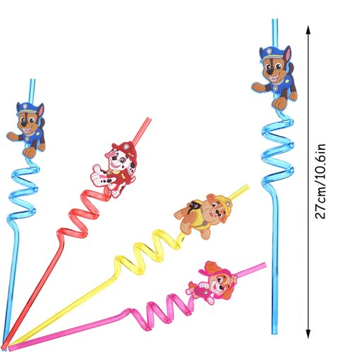 Paw Patrol Reusable Crazy Straws for Kids, 4 Pcs Colorful Hard Plastic Curly Drinking Straws, Birthday Party Supplies, Party Favors, Fun Cartoon Straws for Juice & Ice Cream