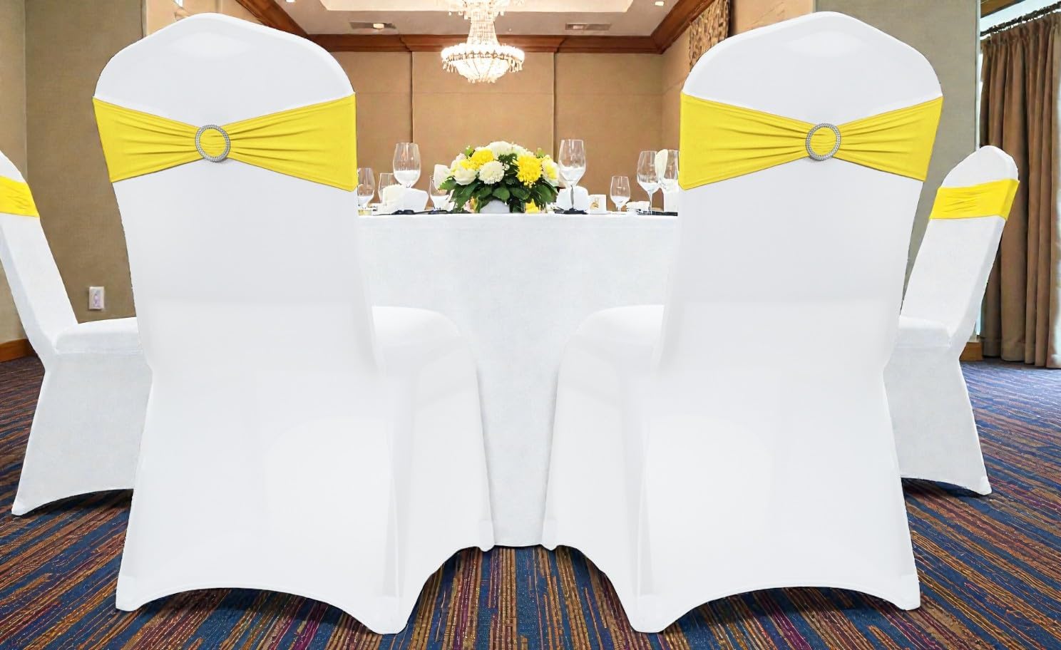 MDS Spandex Chair Sashes - Universal Elastic Stretch Bands with Slider Bow for Wedding Decor | Yellow - Pack of 250
