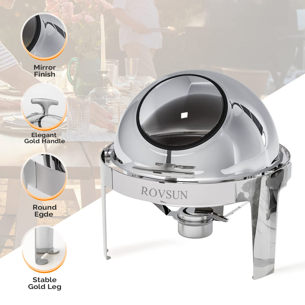ROVSUN Roll Top Chafing Dish Buffet Set,6 QT Round Stainless Steel Chafer for Catering,Buffet Servers and Warmers Set with Glass Window for Weddings Party