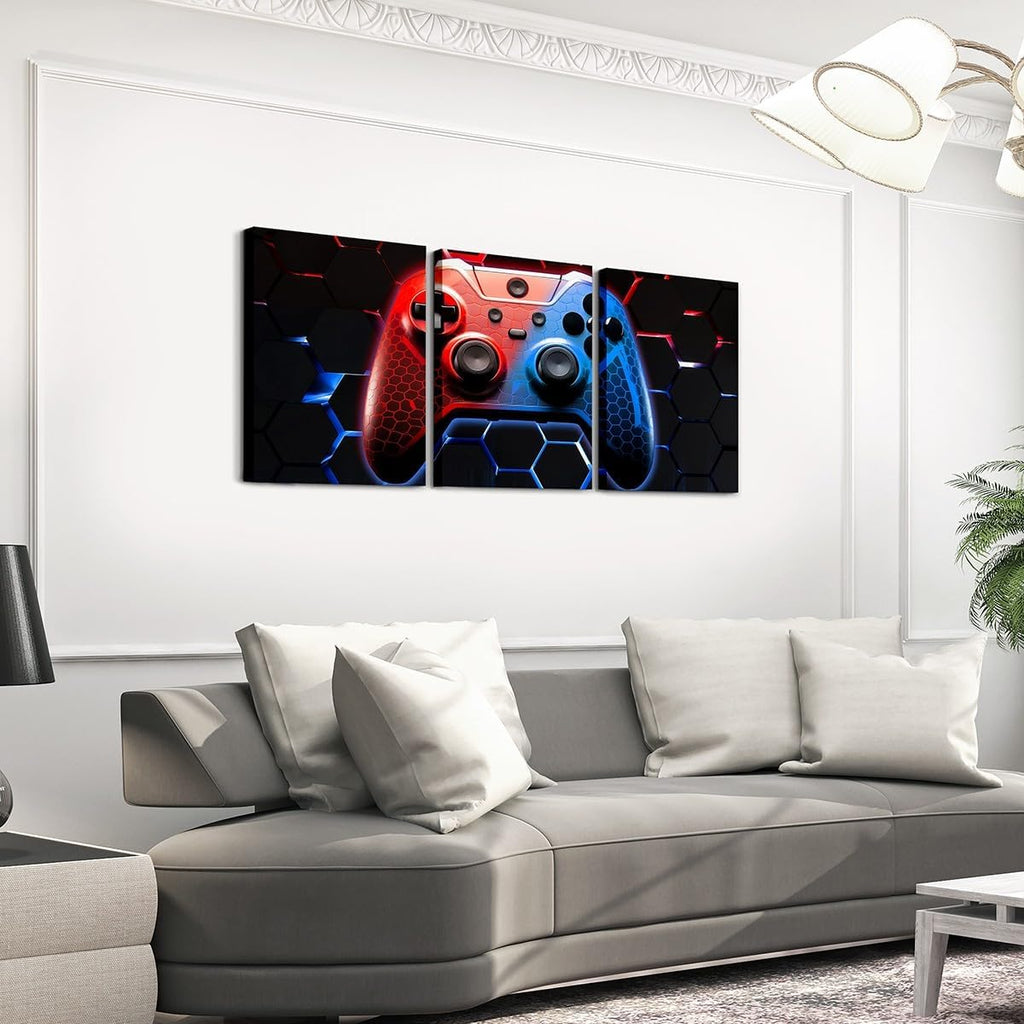 Manfei Games Canvas Wall Art - Set of 3 Honeycomb Gamepad Prints | Modern Gamer Decor for Kids' Rooms