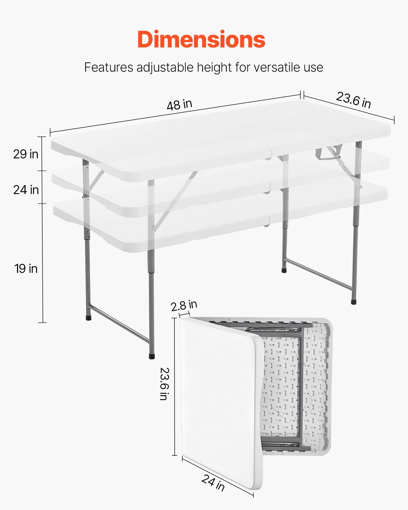 VEVOR Folding Table, Heavy Duty Portable Fold-in-Half Utility Table, Indoor Outdoor Plastic Rectangle Table with Built in Handle, for Party, Dining, Wedding, Events, Picnic, Camping, 4 ft, White