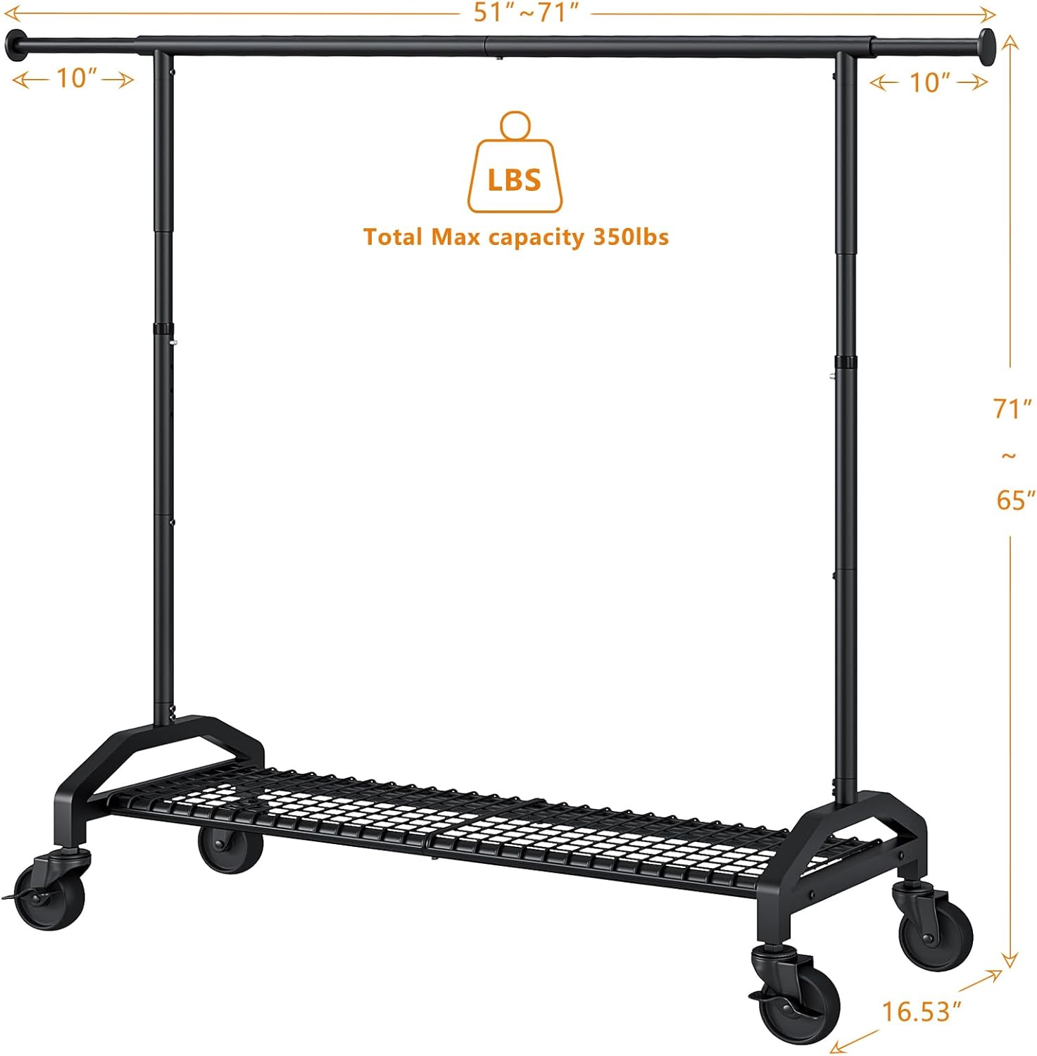 Wiracks Heavy Duty Clothes Rack - Adjustable Rolling Garment Rack with 350lbs Capacity | Black, 51-71" W x 16.53" D x 65-71" H