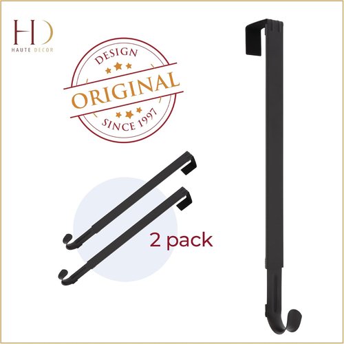 Haute Decor Over The Door Wreath Hanger Hook - Adjustable Length, Holds Up to 20 lbs - Matte Black, 2-Pack