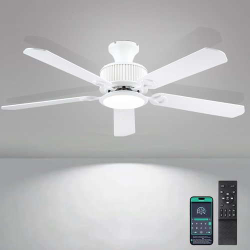 Surtime 52" Ceiling Fans with Lights-Low Profile Ceiling Fan with Light and APP&Remote Control,Flush Mount Ceiling Fan for Indoor/Outdoor,3 Colors Dimmable,5 Reversible Double-Sided Blades（White）