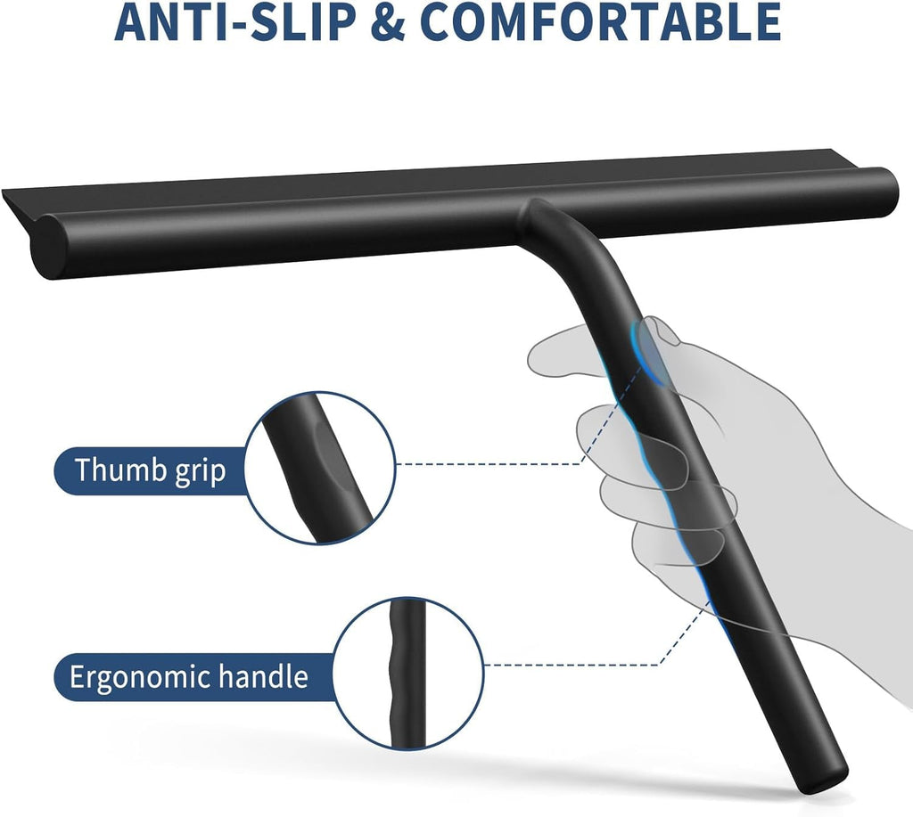 ecooe Silicone Shower Squeegee with Hanger, 13″/33cm Shower Glass Cleaner Wiper, Black Window Squeegee Scraper with Stainless Steel Core for Home Bathroom Kitchen Car Glass Doors