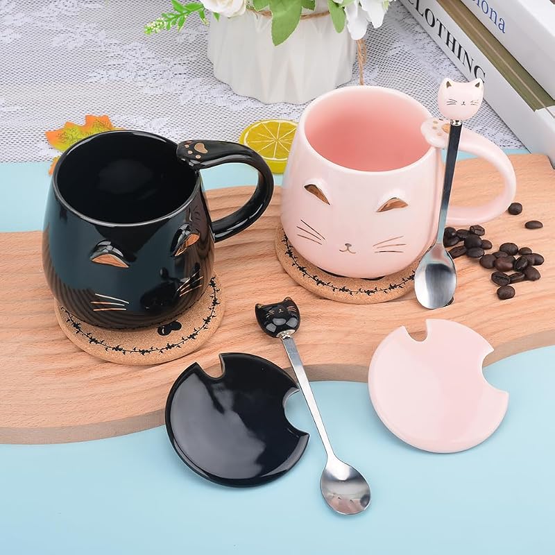 Pink Ceramic Cat Mug with Stainless Steel Spoon - 13 oz Handmade Gift (Variation: Black)
