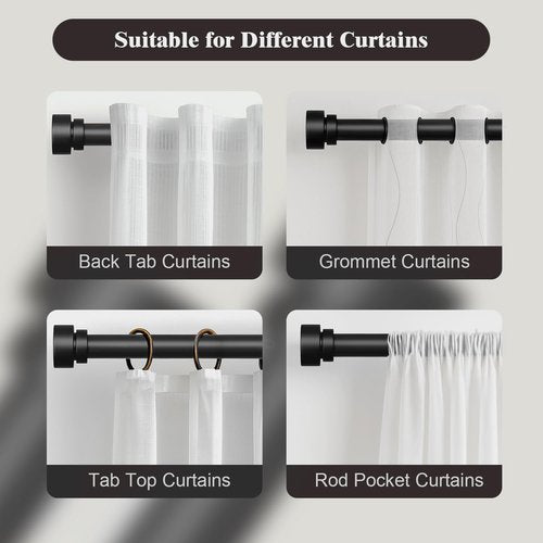Oneach Black Curtain Rods for Windows 66 to 120 Inch, 1 Inch Pole Adjustable Length Heavy Duty Metal Curtain Rod Set, for Outdoor Bedroom Kitchen Living Room (16 to 120 Inch)