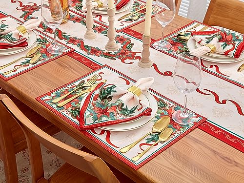 Christmas Table Runner 14 x 72 Poinsettia Ribbon Printed Fabric Holiday Decor - Variation of Christmas Time / 14" x 72"