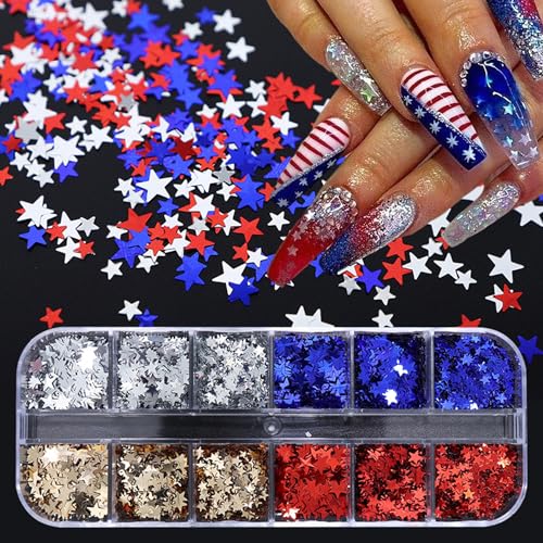 4th of July Nail Art Glitter Sequins 12-Grid Star Decals