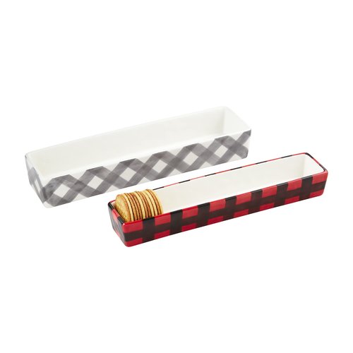 Mud Pie Nested Ceramic Buffalo Check Cracker Dishes, Gray/Red