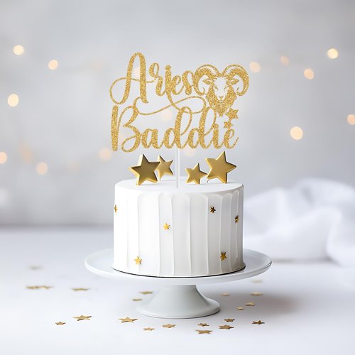 Aries Baddie Cake Topper - Gold Glitter Zodiac Birthday Decoration for March & April Celebrations