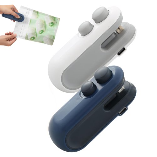 Mini Bag Sealer with Cutter and Magnet, Rechargeable Mini Bag Sealer and Cutter, Hand Pressure Sealer Portable Snack Plastic Bag Heat Sealing Machine for Snacks (White+Blue)