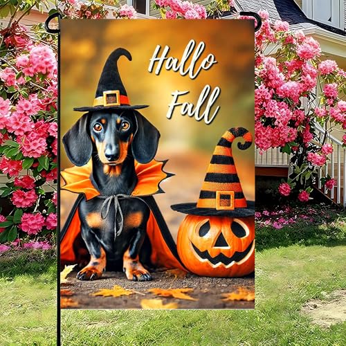 Hallo Fall Garden Flag 12x18 Inch - Dachshund & Pumpkin Design