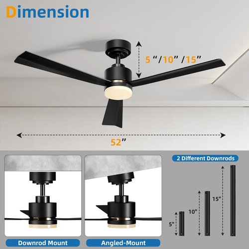 Antarctic Star Ceiling Fans with Light, 52 Inch Low Profile Ceiling Fan with Light and Remote, Flush Mount, Reversible, Low Noise, Black Gold, Dimmable, 1/4/8 Timer, Ceiling Fan for Dorm, Indoor Use