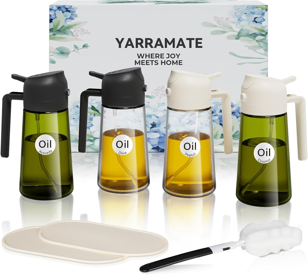 YARRAMATE Glass Olive Oil Sprayer Set - 4Pcs 16oz with Stickers & Non-Slip Mats | Perfect Kitchen Gift