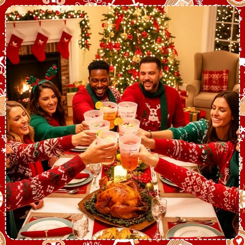 Christmas Cocktail Plastic Cup Set - Frosted Red Party Cups with Funny Frosted Cup Variation