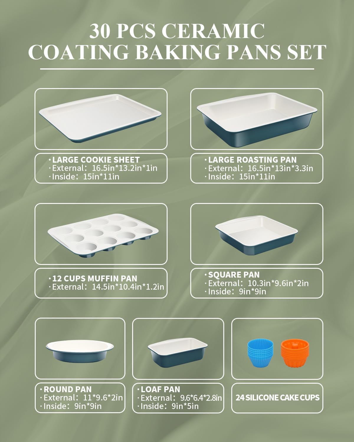 Skiennix Ceramic Nonstick Baking Pans Set - 30 PCS Stackable Bakeware, 550°F Oven Safe, Dishwasher Safe (Blue)