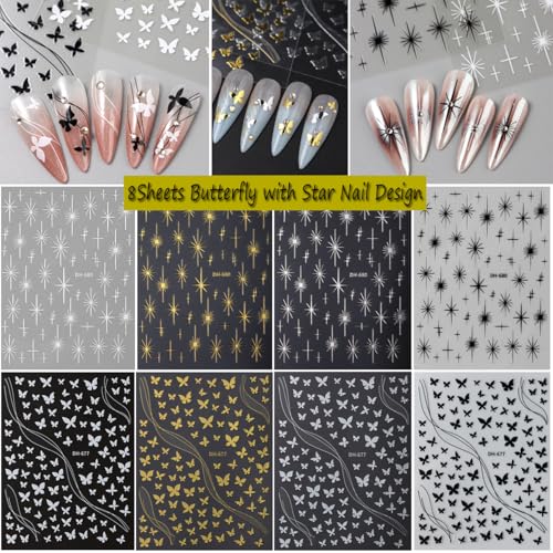 8 Sheets 3D Butterfly Nail Stickers Gold Silver Star Decals Manicure DIY