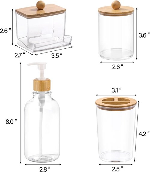 Bamboo Bathroom Accessories Set - 4-Piece Clear Toothbrush Holder & Soap Dispenser | Qtip Container