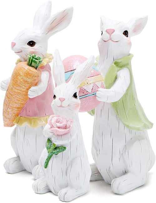 Hodao Easter Bunny Decorations - Spring Indoor Home Decor | White Bunny Family Figurines