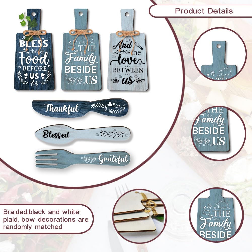 PH PandaHall 6pcs Kitchen Wall Decor Bless Food Sign Set Wall Table Accessories Wooden Pendant Decorations Mini Plaque Fork Spoon Shape Sign Rustic Style Home Dector Blue, 11x5.5 inch/11.8x2 inch