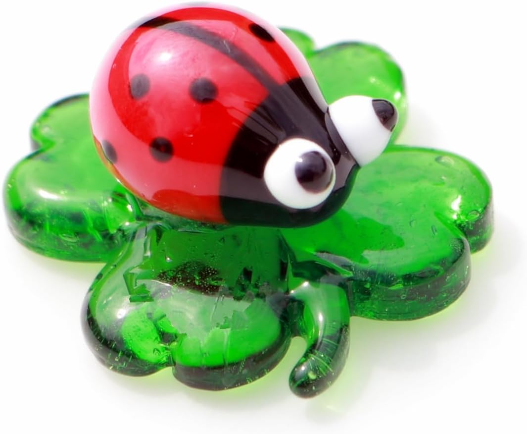Skiennix Tiny Crystal Insect Figurine - Hand Blown Glass Clover Ladybug Décor | Colorful Collectible Ornament