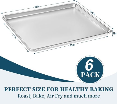 Bastwe Aluminum Baking Sheet Pan - Full-Size Commercial Quality Cookie Tray | 6 Pack, 26 x 18 Inch
