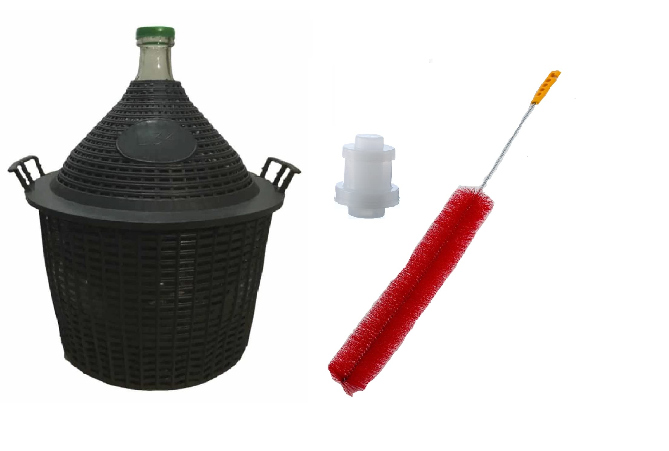 North Mountain Supply Narrow Mouth Glass Demijohn/Carboy with Plastic Basket - 34 Liter (Approx. 9 Gallons) - Includes Clip on Airlock, Lid, and Cleaning Brush