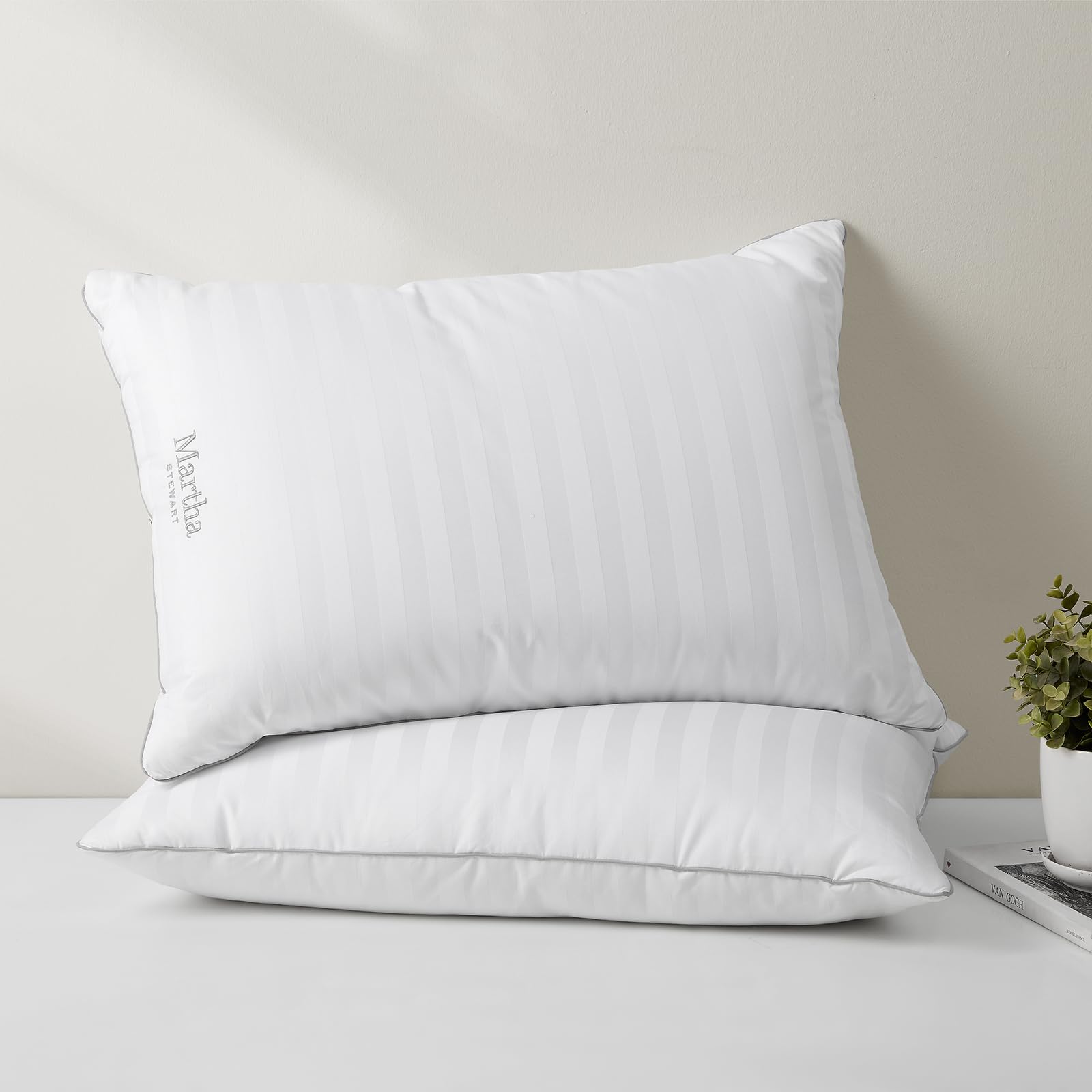 Martha Stewart Medium Soft Feather Down 100% Cotton 500 Thread Count Damask Stripe Embroidered Queen Size Set of 2