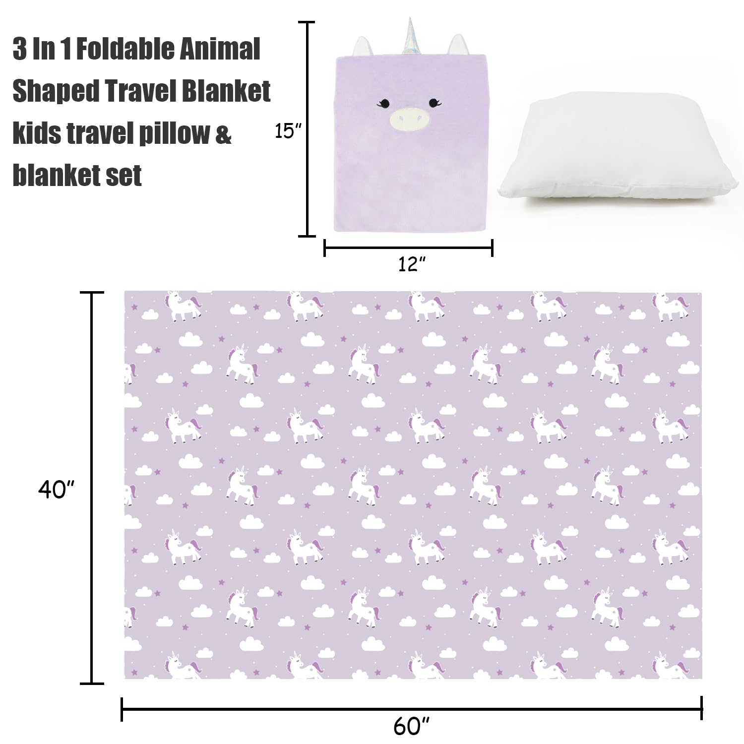 VigorSpring 3-in-1 Kids Travel Pillow and Blanket Set, Snuggle Pillow with Hand Warmer, 40x60 inches Unicorn Blanket for Girls Compact, Perfect for Travel, Camping, Home and Office