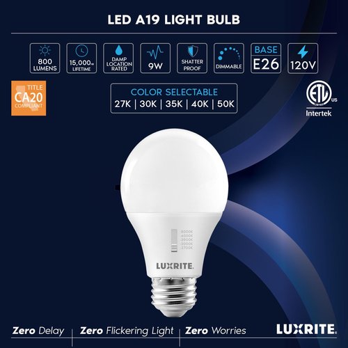 LUXRITE A19 LED Light Bulb 60 Watt Equivalent, CRI90, 5CCT Selectable 2700K 3000K 3500K 4000K 5000K, Dimmable, 800LM, Standard LED Light Bulbs 9W, E26 Base, CEC Title 20, ETL Listed (24 Pack)