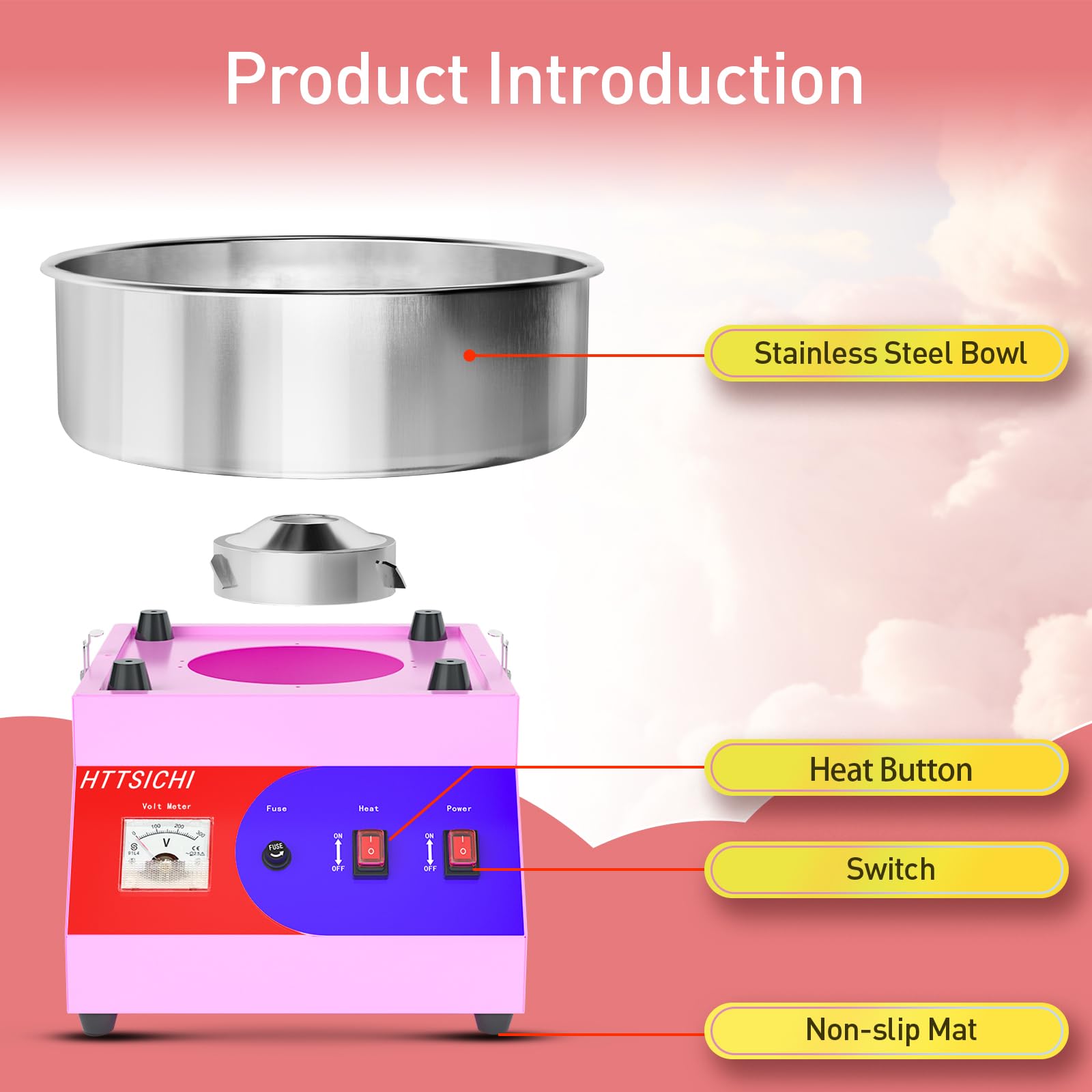 HTTSICHI Cotton Candy Machine - Cotton Candy Machine Commercial w/ 15 inch Stainless Steel Bowl, Sugar Scoop, Cotton Candy Maker for Home, Party, 1000W Hard Candy Cotton Candy Maker for Birthday