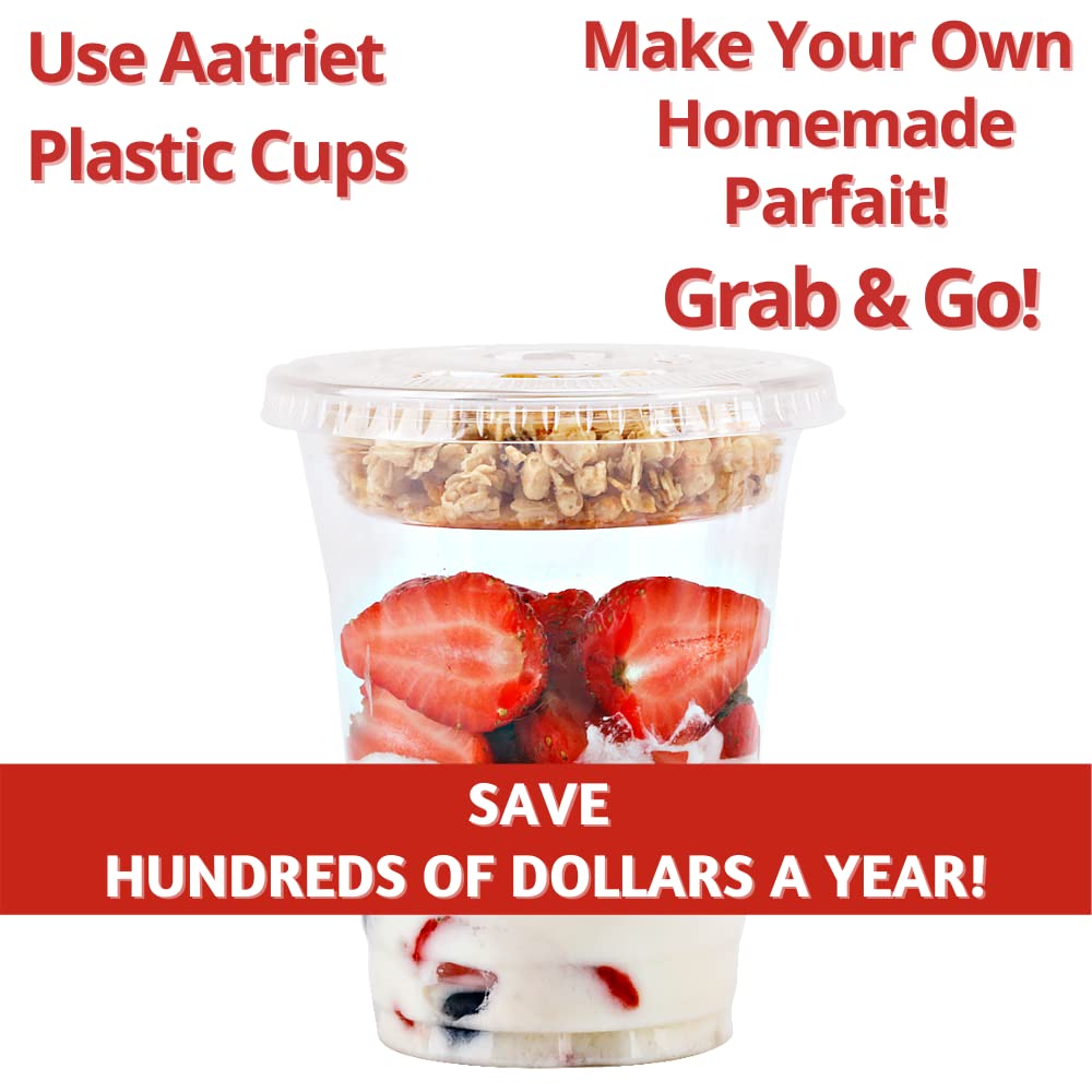 Aatriet [150 SETS 12 oz Clear Plastic Parfait Cups with Insert 3.25oz & Flat Lids No Hole, Yogurt Fruit Parfait Cups for Kids, for Dips and Veggies, Take Away Breakfast and Snacks. No Leaking