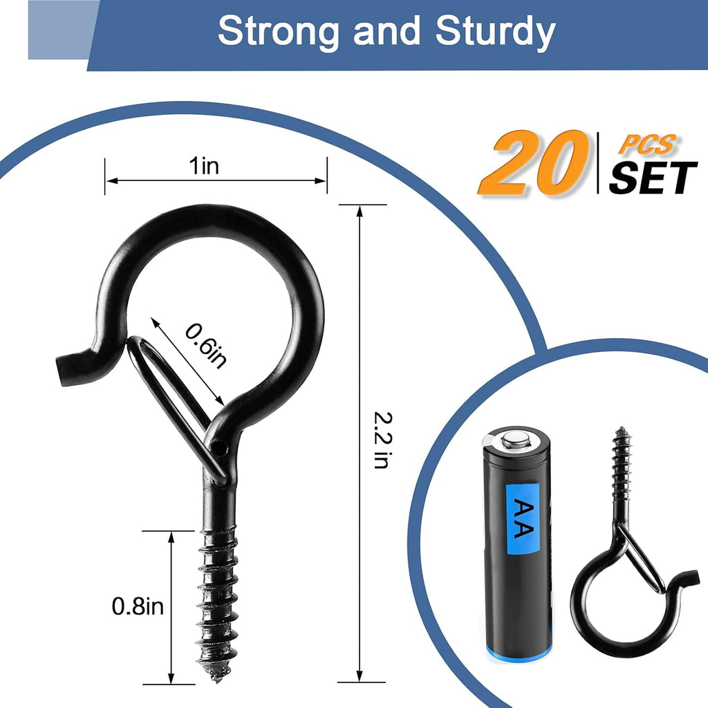 ADIIL 20 PCS Q Hanger Hooks - Windproof Screw Hooks for Outdoor String Lights & Plants | 2.2 Inches, Black