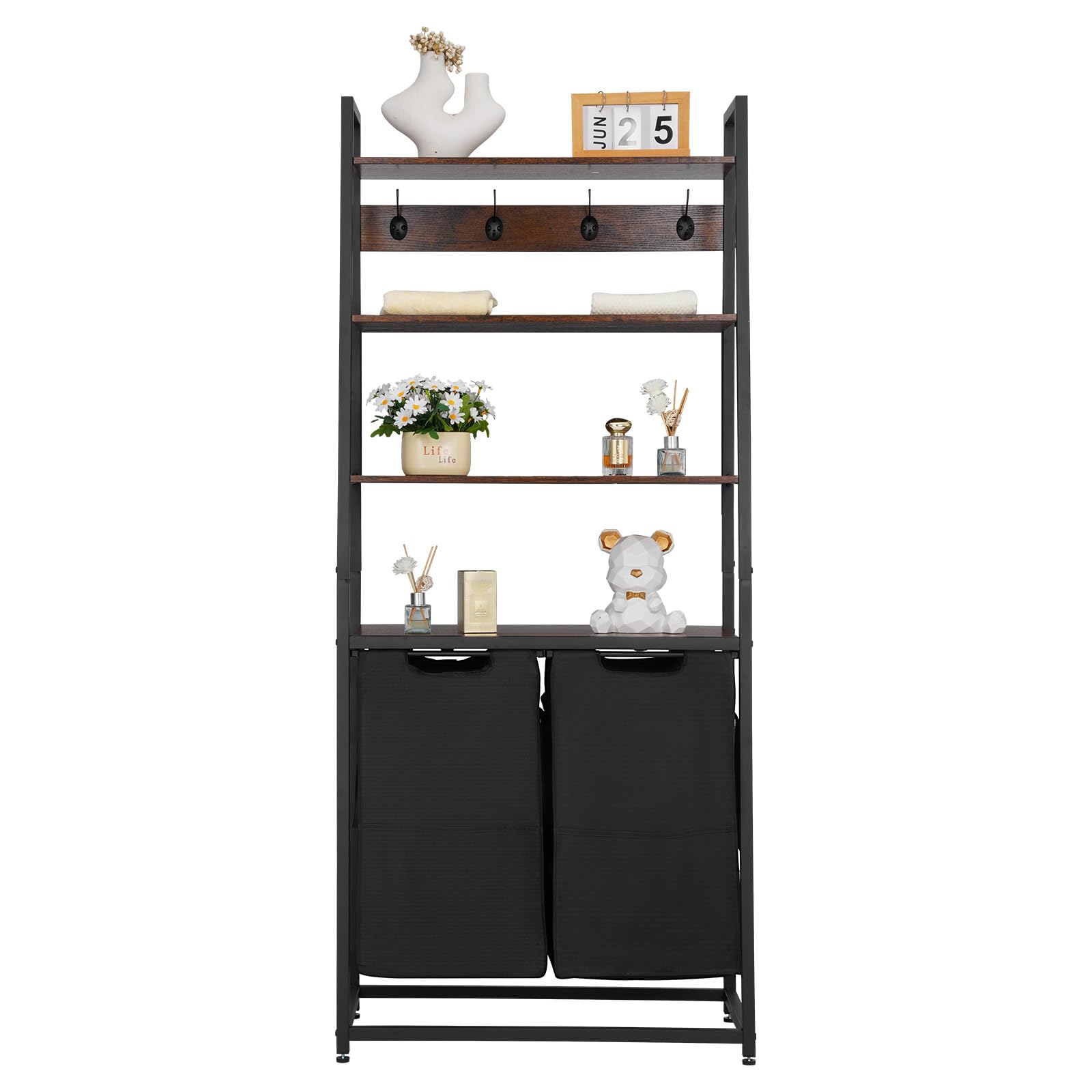 VEVOR 4 Tiers Laundry Sorter, Tall Laundry Hamper with Shelves and Hooks, 2 Section Freestanding Basket Organizer Storage with 600D Oxford Cloth Bags and Ladder Shelves for Dirty Clothes, Bathroom