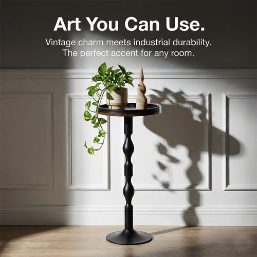 ZEXVIDA Small Round Side Table,Drink Table with Weighted Base,Industrial Metal & Wood Pedestal End Table with Tray Top, Martini Table for Small Spaces, Living Room,Bedroom,27" H