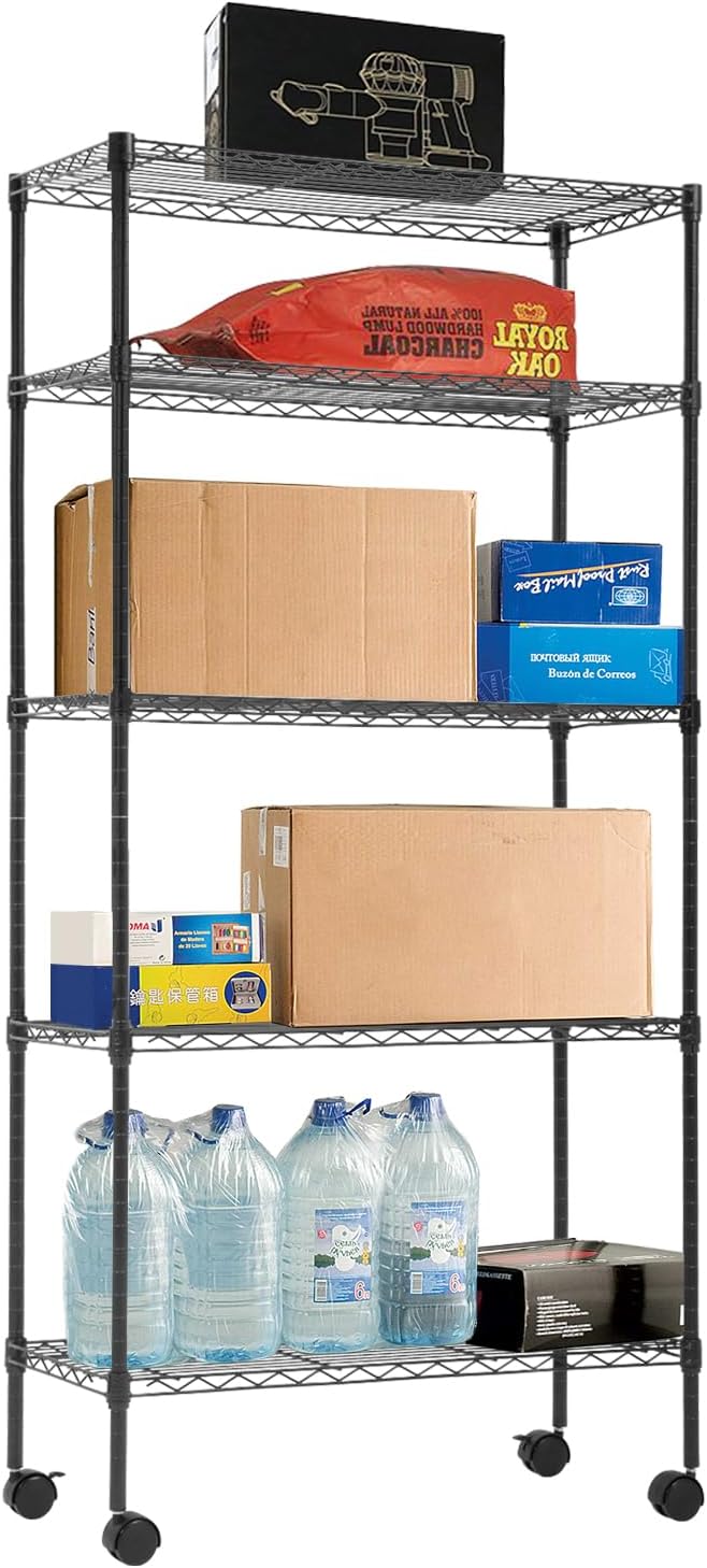 PayLessHere 5-Tier Wire Shelf with Wheels - Adjustable Heavy-Duty Storage Rack | 14"x30"x60" | Black, Rust-Resistant, Easy Assembly