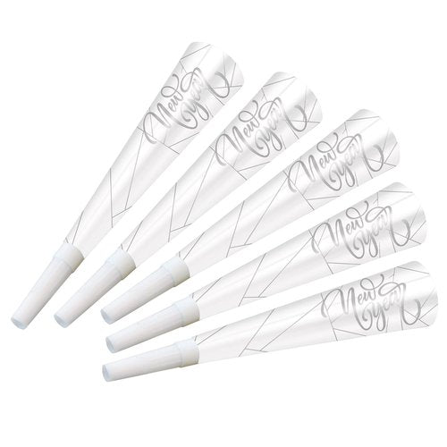 Beistle 100 Piece Happy New Year Party Supplies Favors NYE Noisemaker Horns, Made in USA Since 1900, 9", White/Silver