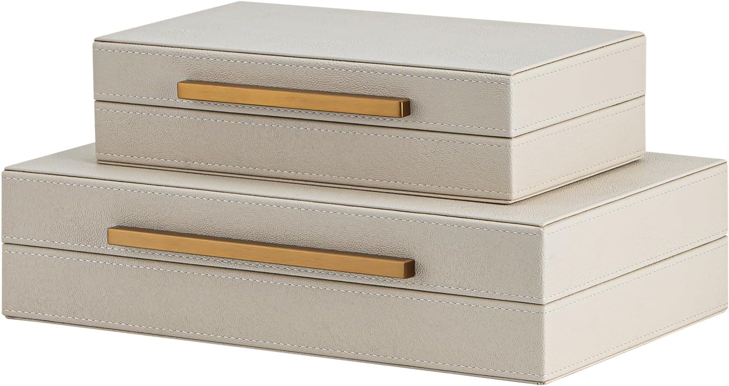 Regine Switzerland Set of 2 Beige Shagreen Decorative Storage Boxes - Faux Leather Jewelry & Memory Organizers