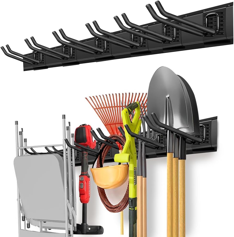 PIYILO Garage Wall Organizer - Heavy-Duty Tool Rack with 48-Inch Rails & 6 Hooks | Max Load 360 LBS